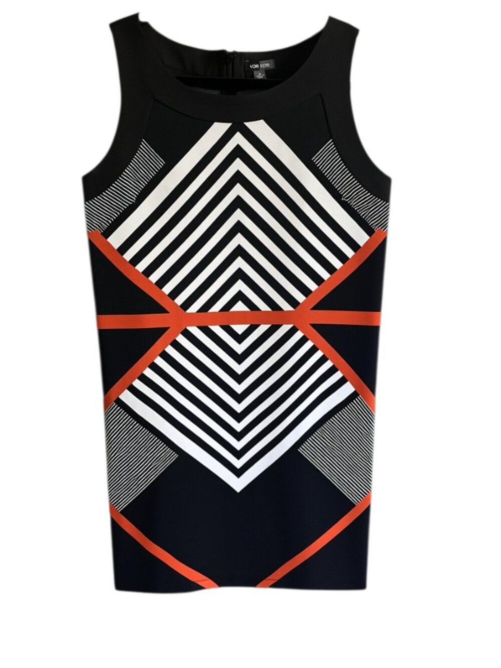 Voir Black Geometric Sheath Dress Size 10 | Orange White Print